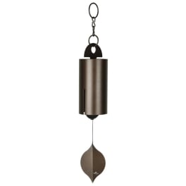 Hanging metal wind chime with a leaf-shaped clapper