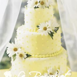 Three-tier yellow cake decorated with white daisies