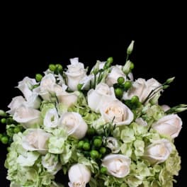 White roses and pale green hydrangeas arranged in a low bouquet