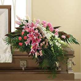 Pink and white floral spray on a casket