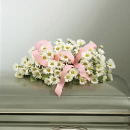 White daisy arrangement with pink ribbon on a casket