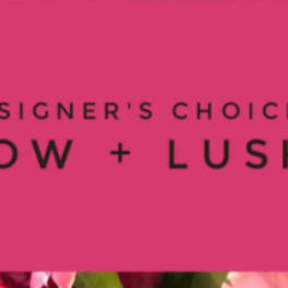 Pink card reading "Designer’s Choice: Low + Lush" over flowers