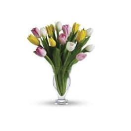 Bouquet of pink, yellow, and white tulips in a clear glass vase