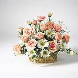 Basket of peach roses and white daisies