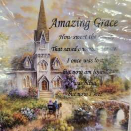 Printed church scene with the words "Amazing Grace" and a verse
