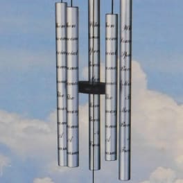 Hanging metal wind chime with silver tubes and a painted oval pendant