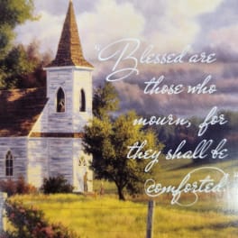 Church steeple scene with a Bible verse overlaid on the right