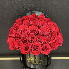 Red roses arranged in a black round box