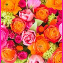 Bright mixed bouquet with orange, pink, and yellow flowers