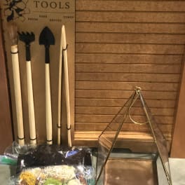 Terrarium tools set with a geometric glass terrarium and bags of moss