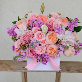 Pink and peach rose bouquet with purple blooms in a white box tied with ribbon