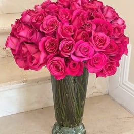 Tall clear glass vase filled with many hot pink roses on a stone step