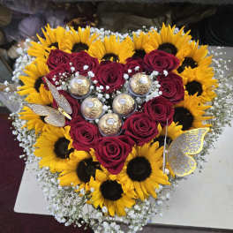 sun flowers with red roses chocolate heart box