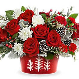 Red roses and white flowers in a red holiday container
