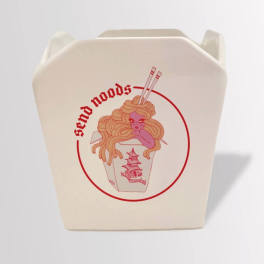 Takeout-style carton with a red illustrated noodle graphic