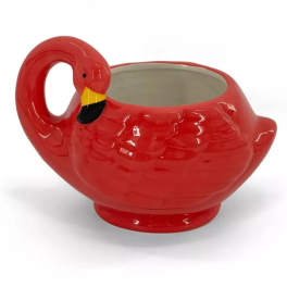 Red flamingo-shaped ceramic planter with an open top
