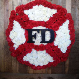 Red and white floral wreath with black FD letters in the center
