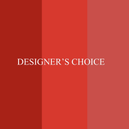 Red designer's choice graphic with centered white text