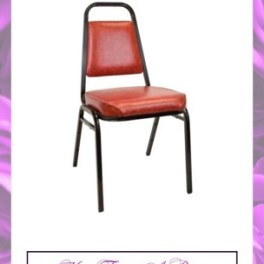 Red padded stack chair with black metal frame and event rental text