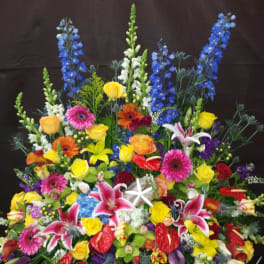 Large colorful funeral spray with lilies, roses, gerberas, and blue delphinium