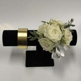 White Spray Rose Corsage with Gold Cuff Wristlet