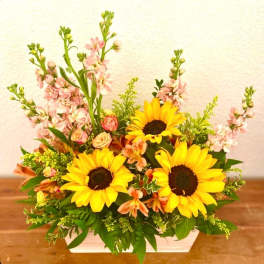 Sunflower and pink mixed flower arrangement in a white container