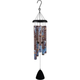 Hanging wind chime with metal tubes and a black clapper