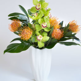 Green orchids and orange pincushion blooms in a white vase