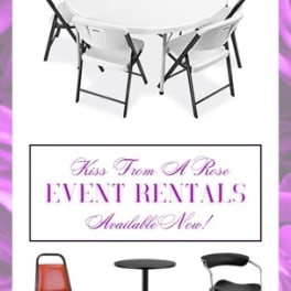 Event rental flyer with tables and chairs on a white background