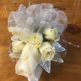 White roses with silver ribbon and bead picks