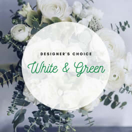 White floral bouquet with green eucalyptus and ranunculus