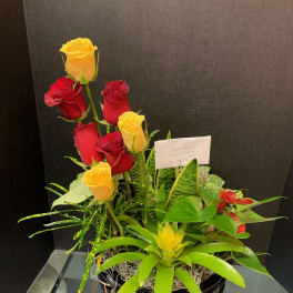 Arrangement of red and yellow roses in a black basket