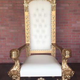 Ornate gold throne chair with white upholstered seat and back