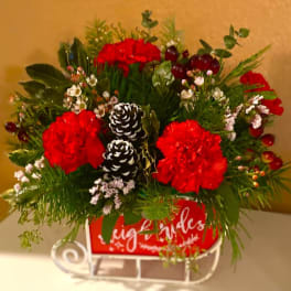 Red carnations arranged with pinecones and greenery in a holiday container