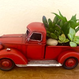 Red vintage truck planter filled with succulents