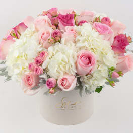 Pink and white roses with hydrangeas in a round hat box