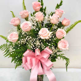 Premium Pink Roses - One Dozen PINK Roses with Babies Breath and Bow