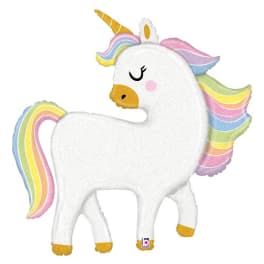 Unicorn-shaped balloon with a white body and rainbow mane and tail