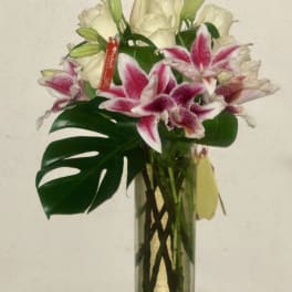 Elegant expression Stargazer Lily & Long Stem White Roses