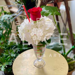 Red rose in a clear glass vase with white hydrangeas