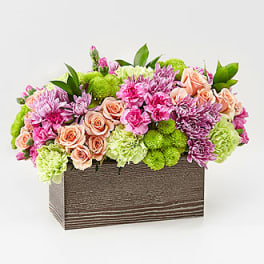 Mixed pink and peach flowers in a rectangular wooden box