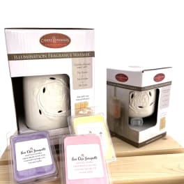 Packaged candle warmers and wax melts on a wooden surface