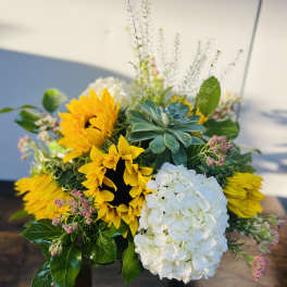 Sunflowers and white hydrangea in a low arrangement with succulents