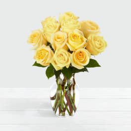 Bouquet of pale yellow roses in a clear glass vase