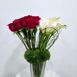 Red and white roses in a clear glass vase with green moss