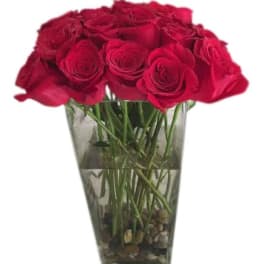 Tall glass vase of red roses with visible stems and pebbles at the base
