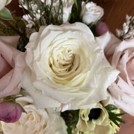Bouquet of white and blush roses with small white filler flowers