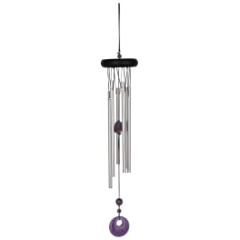 Silver wind chime with purple stone accents hanging from a black cord