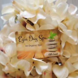 Spa gift card resting on a bed of soft ivory flower petals