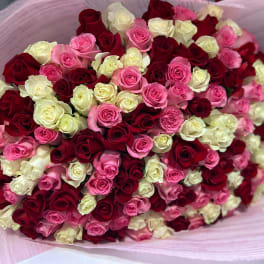 Large bouquet of red, pink, and white roses wrapped in pale pink paper